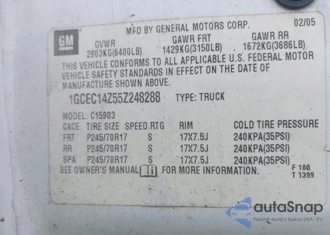 2005 Chevrolet Silverado 1500 Work Truck z USA, uszkodzony, nr VIN 1GCEC14Z55Z248288